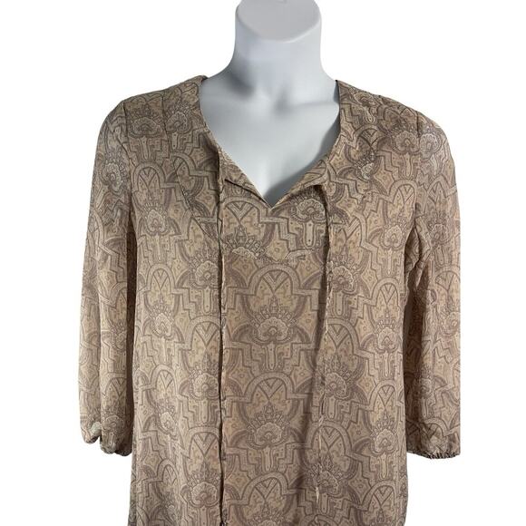 Rose & Olive Size Large Lined Dress Earth Tones Ruffle Drop Hem Semi Sheer Slves - Picture 7 of 7